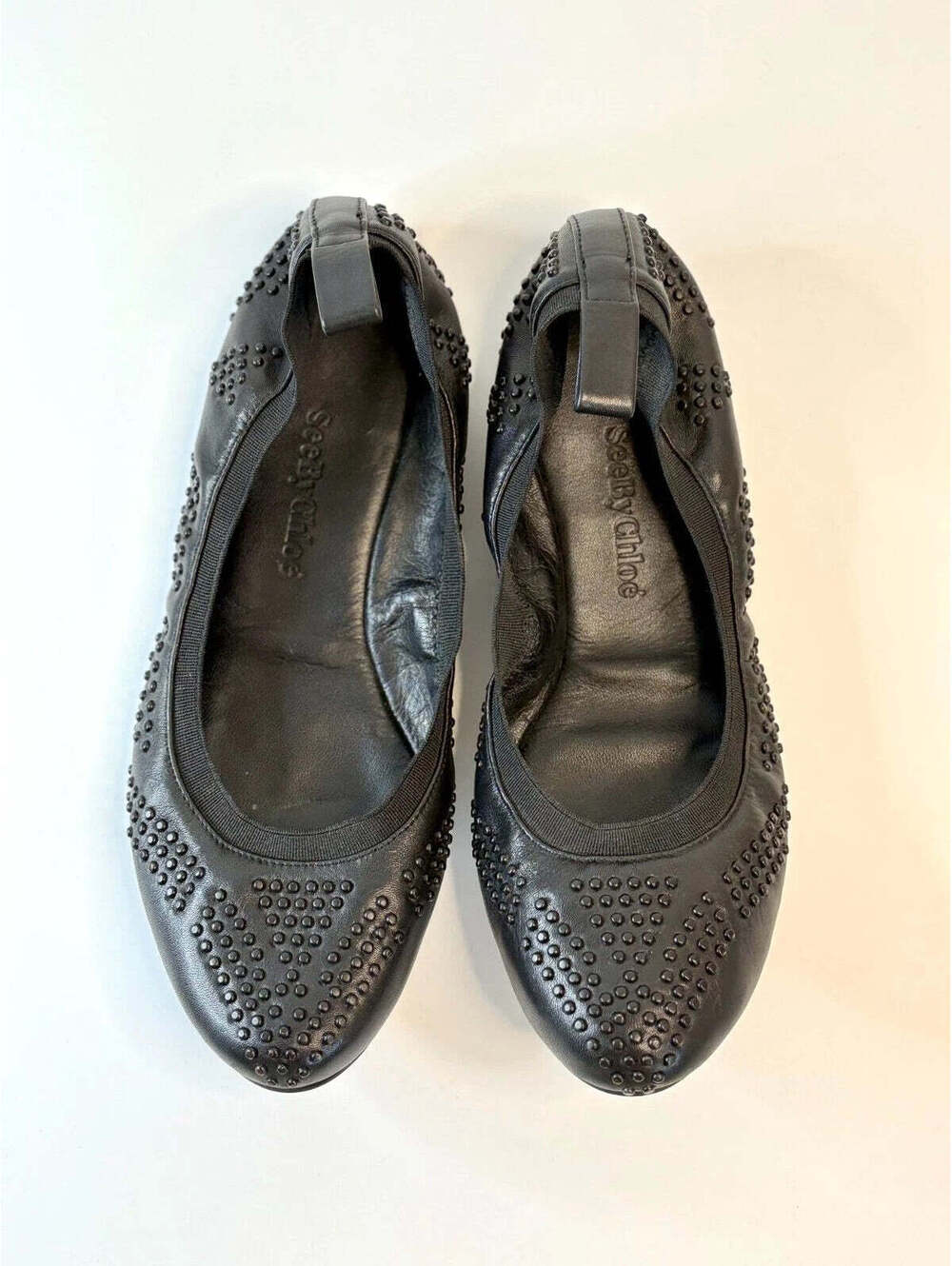 See by Chloé Black Studded Soft Leather Scrunch Ballet Flats Size 36